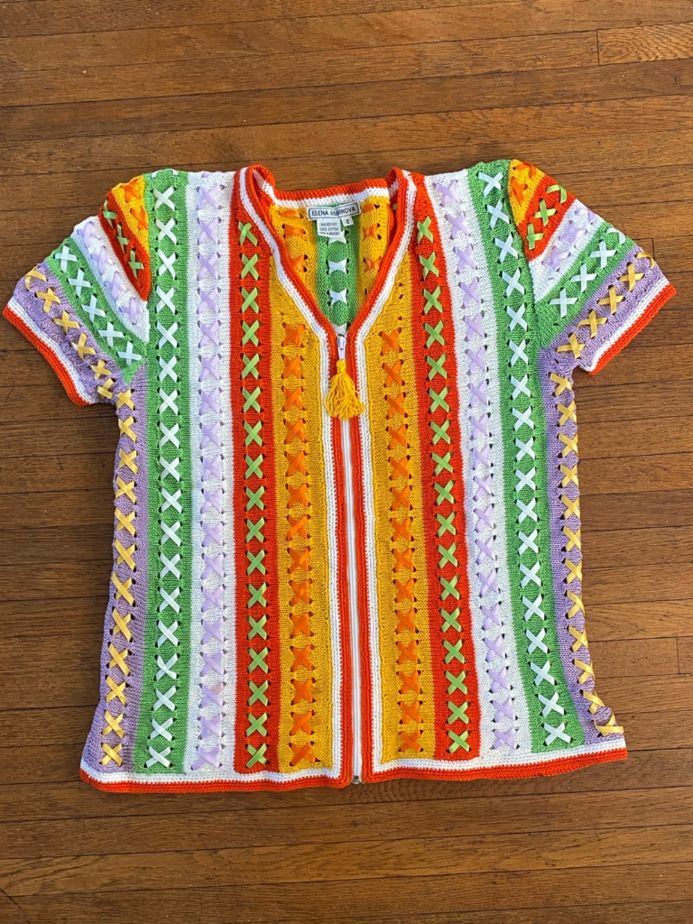 Hand Knit 100% Cotton Colorful Short Sleeve Sweater with Ribbon